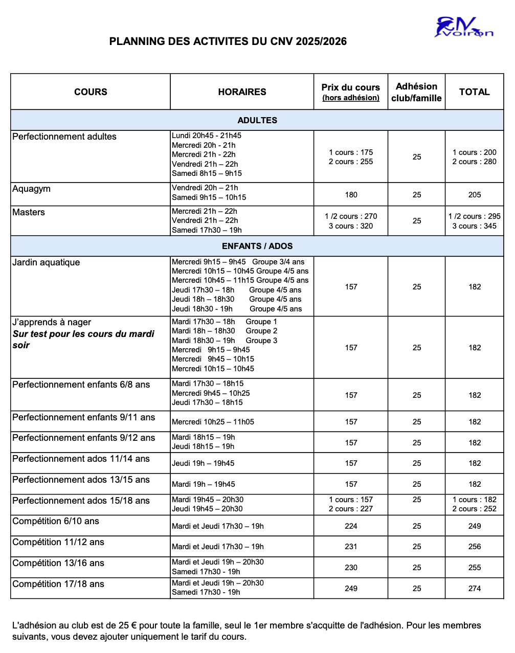 Planning activités